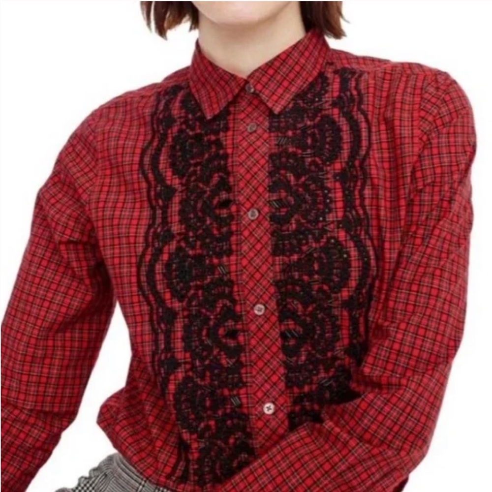 J. Crew Red Black Plaid Beaded Button Down 12
